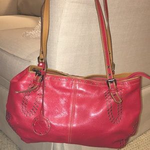 Red leather handbag
